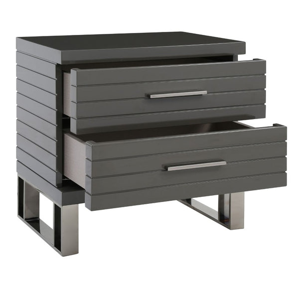 VIG Furniture Splendor Dark Grey High-Gloss Nightstand With Two Soft-Close Slatted Drawers & Gunmetal Handles VGVCN20256-GRY-NS