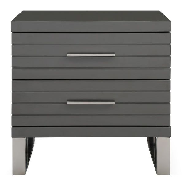 VIG Furniture Splendor Dark Grey High-Gloss Nightstand With Two Soft-Close Slatted Drawers & Gunmetal Handles VGVCN20256-GRY-NS