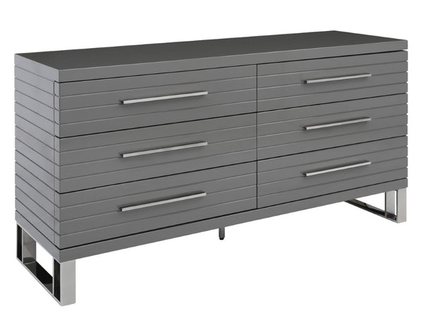 VIG Furniture Splendor Grey High-Gloss Slatted Dresser With 6 Soft-Close Drawers, Gunmetal Handles, Modern Storage VGVCJ20256-D-GREY-DRS
