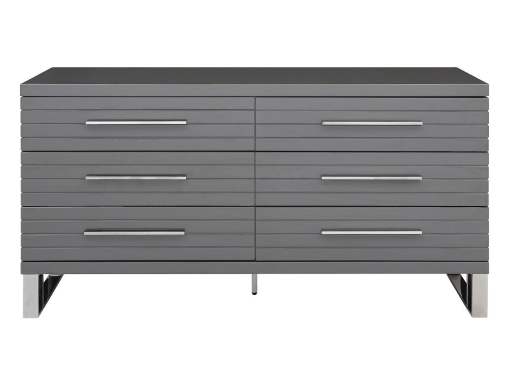 VIG Furniture Splendor Grey High-Gloss Slatted Dresser With 6 Soft-Close Drawers, Gunmetal Handles, Modern Storage VGVCJ20256-D-GREY-DRS