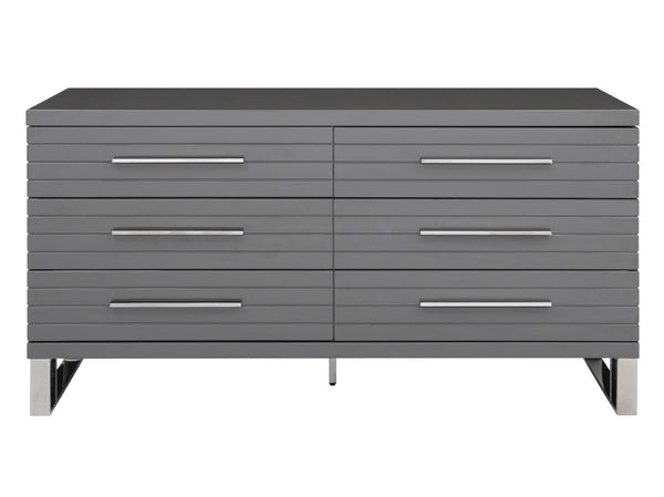 VIG Furniture Splendor Grey High-Gloss Slatted Dresser With 6 Soft-Close Drawers, Gunmetal Handles, Modern Storage VGVCJ20256-D-GREY-DRS