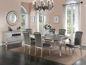English Elm Traditional Silver Hue Italian-Inspired 66" Round Dining Table with 18" Leaf, Tufted Faux Leather Accents B011P322613