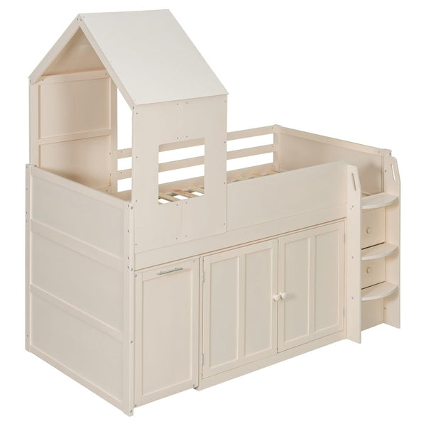 English Elm Twin House Loft Bed with Pull Out Rolling Desk Stair Drawers and Cabinet Storage Beige N820S00072A
