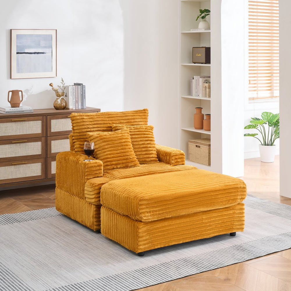 English Elm 39-inch Spring Corduroy Armchair and Ottoman Set with Cup Holder, Plush Sponge Cushions, 350lb Support Orange W1658S00074