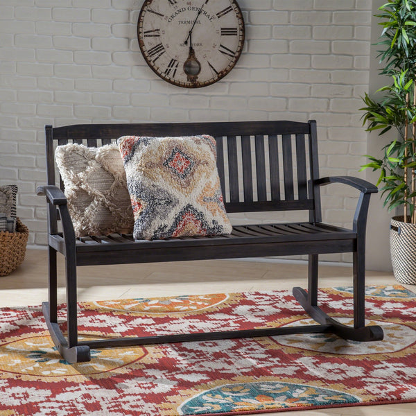 English Elm Christopher Knight Home® - Patio Acacia Wood Rocking Loveseat with Armrests — Handcrafted 2-Person Porch Bench, Slatted Comfort DARK GREY 62267.00DGRY