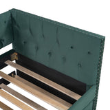 English Elm Twin Size Tufted Upholstered Daybed With Trundle, Velvet Sofabed With Rivet Design, No Box-Spring Needed,Green