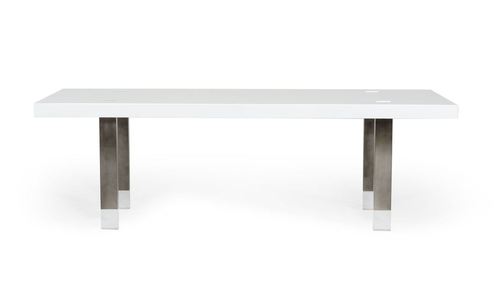 VIG Furniture Lenny- Sleek White High-Gloss Rectangular Dining Table For 8 With Gun Metal Stainless Legs, Floating Effect (94.5" X 38") VGGMDT-1393B-WHT-DT