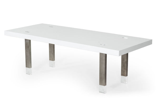 VIG Furniture Lenny- Sleek White High-Gloss Rectangular Dining Table For 8 With Gun Metal Stainless Legs, Floating Effect (94.5" X 38") VGGMDT-1393B-WHT-DT