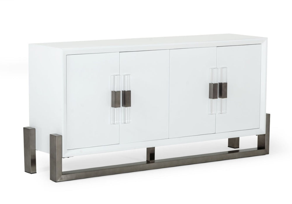 VIG Furniture Lenny Modern White High Gloss Buffet With Gun Metal Stainless Steel Legs, Acrylic Handles, 4-Door Storage VGGMW-1393B-WHT-BUF