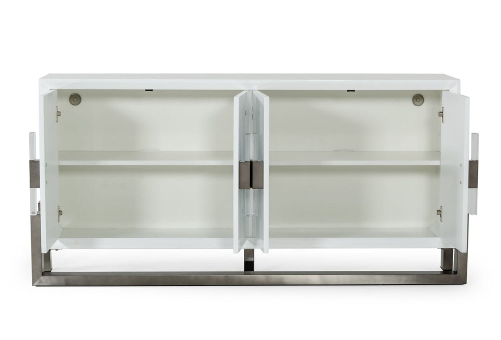 VIG Furniture Lenny Modern White High Gloss Buffet With Gun Metal Stainless Steel Legs, Acrylic Handles, 4-Door Storage VGGMW-1393B-WHT-BUF