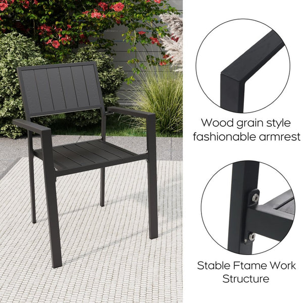 English Elm 5‑piece Outdoor Patio Dining Set Square Iron Table with Wood Grain Finish and Slat Chairs Black W3979S00049