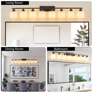 English Elm 8-Light Matte Modern Vanity Light 52inch Horizontal Wall Sconce with Frosted Glass Shades for Bath Black W2312P374849