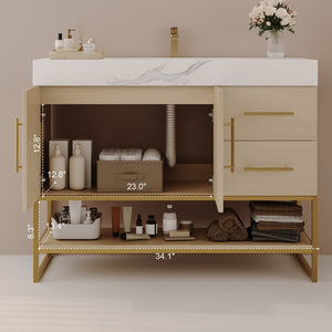English Elm 36" Freestanding Bathroom Vanity Sintered Stone Top Gold Hardware Wood Cabinet W3136S00055