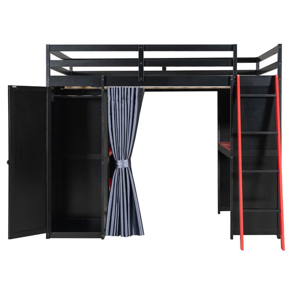 English Elm Full Size Wood Loft Bed with Wardrobe Desk Shelves Rgb Lighting and Blackout Curtains Black+Red LT000269AAJ-1