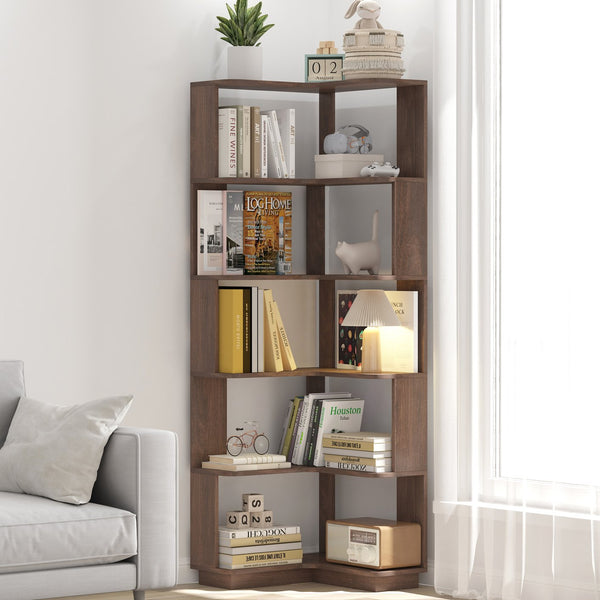 English Elm 6 Tier Freestanding L-Shaped Corner Bookshelf with Anti-Tip, Rounded Corners, 3D Wood Grain Finish Dark Brown W2899P372516