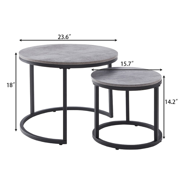 English Elm 24" Round Nesting Coffee Tables Faux Concrete Mdf Top Matte Black Metal Frame W3151P400586
