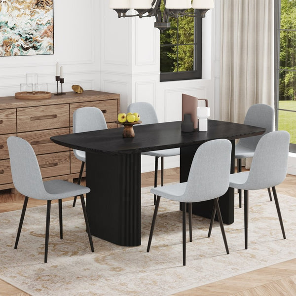 English Elm Table Dining Set - 67” Black Wood Grain Table With 6 Light Gray Linen-Cotton Chairs For Modern Homes W1151S04158-GIGA