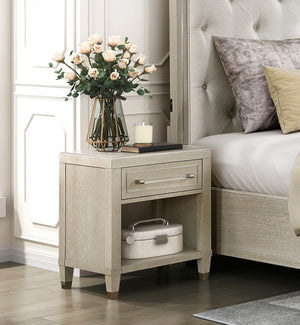 English Elm Elegant Light Oak Nightstand with USB & Outlets, Ball-Bearing Drawer, Lower Shelf, Glam Nickel Pull B011P330086