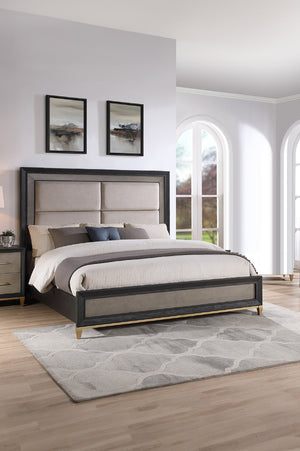 English Elm 1pc Elegant Queen Panel Bed Upholstered Headboard with Solid Wood Legs, Modern Luxe Bedroom Centerpiece Black,Brown,Gold 67.5 L x 48 W x 7 H B011S01220