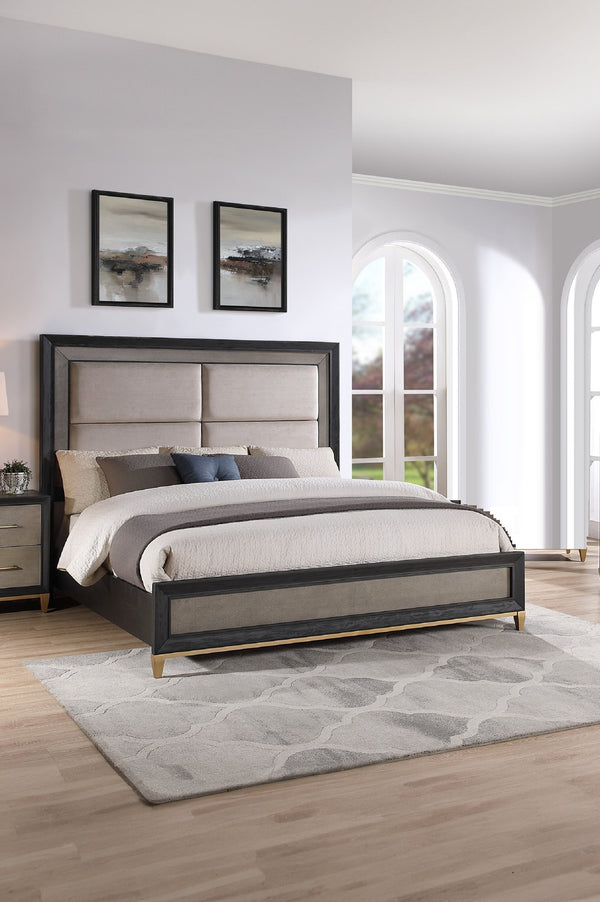 English Elm 1pc Elegant Queen Panel Bed Upholstered Headboard with Solid Wood Legs, Modern Luxe Bedroom Centerpiece Black,Brown,Gold 67.5 L x 48 W x 7 H B011S01220
