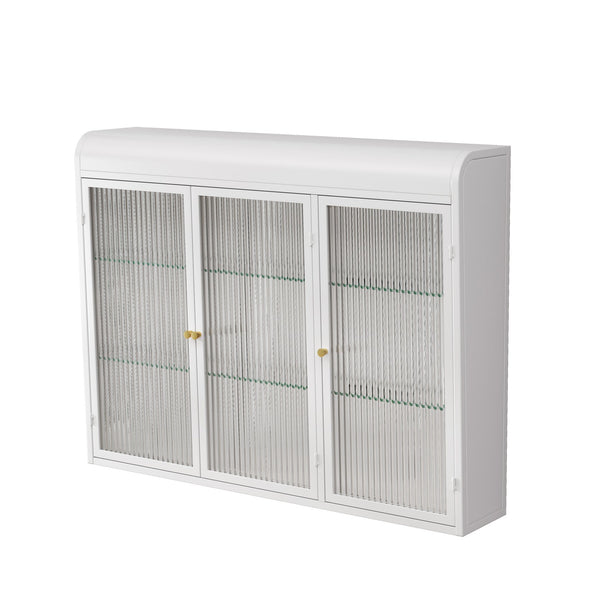 English Elm 3 Door Arched Wall Mounted Glass Cabinet with Wide Top Narrow Bottom Design for Stylish Storage and Display White W757P221502