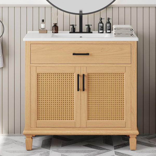 English Elm Christopher Knight Home® - 36" Rattan Bathroom Vanity with Ceramic Sink and Soft-Close Drawers, Handwoven Door Texture, Solid Wood Legs, Spacious Storage Elegance Natural N817P271077N