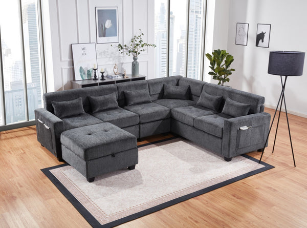 English Elm Trevi Chenille Sectional Sofa with Tufted Seats Charging Ports and Storage Ottoman B2749S00251