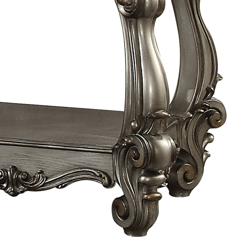 English Elm Antique Platinum End Table with Floral Carved Legs, Bottom Shelf Storage, Classic Light Finish Elegance B062P189091