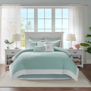 English Elm Oversized Cotton Jacquard Comforter Set with Embroidered Coral Motif and Pieced White Border Full Aqua 22.83 L x 11.81 W x 21.26 H B03595755