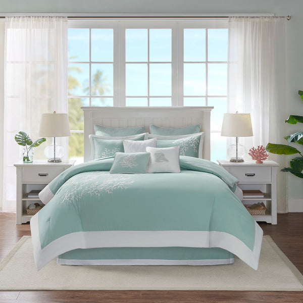 English Elm Oversized Cotton Jacquard Comforter Set with Embroidered Coral Motif and Pieced White Border Full Aqua 22.83 L x 11.81 W x 21.26 H B03595755