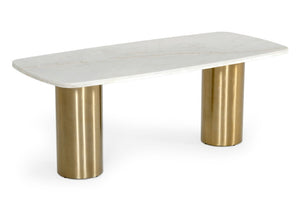 VIG Furniture Rocky White Marble Dining Table With Brushed Gold Double Pedestals, Seats 6, Sculptural Luxe Design VGGMM-DT-1360A-DT