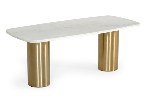 VIG Furniture Rocky White Marble Dining Table With Brushed Gold Double Pedestals, Seats 6, Sculptural Luxe Design VGGMM-DT-1360A-DT