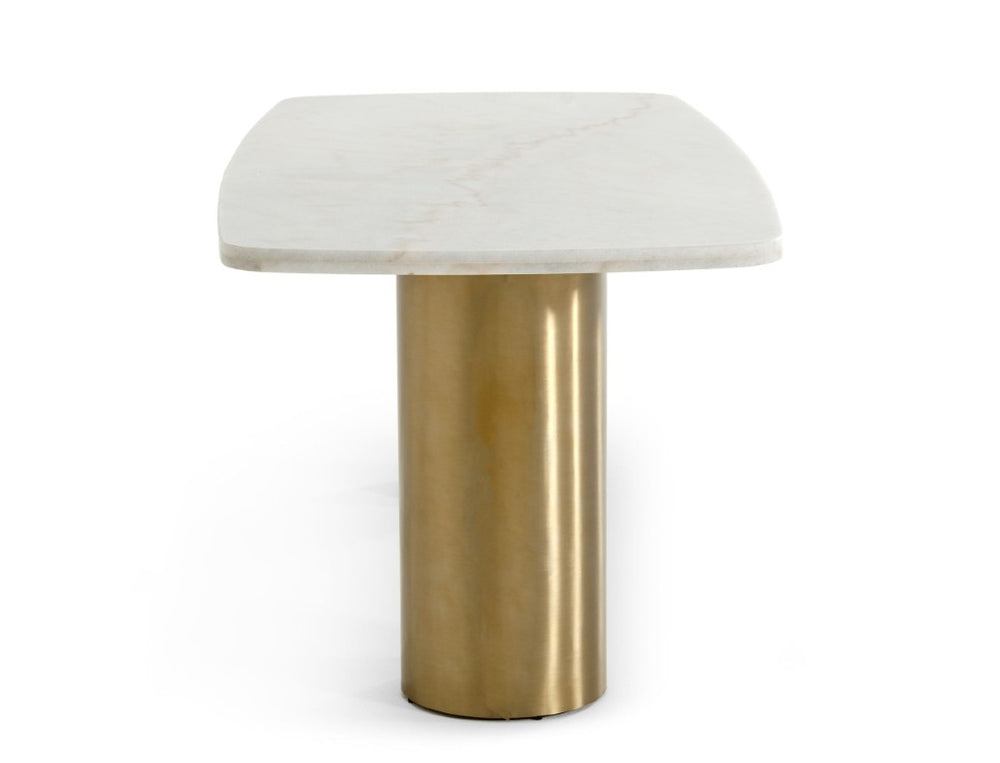 VIG Furniture Rocky White Marble Dining Table With Brushed Gold Double Pedestals, Seats 6, Sculptural Luxe Design VGGMM-DT-1360A-DT