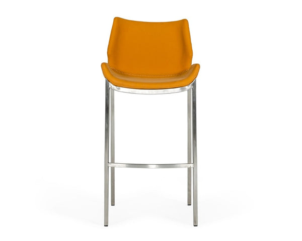 VIG Furniture Dave Modern Orange Leatherette Bar Stools Set Of 2 — Mid-Century Saddle Seats, Brushed Steel Legs, 300Lb Capacity VGHR5368/B-ORG-BS