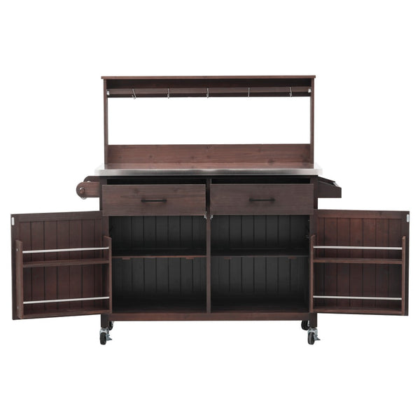 English Elm K&k Solid Fir Grill Cart Stainless Steel Top Outdoor Kitchen Station with Locking Wheels Brown N707P409087Z