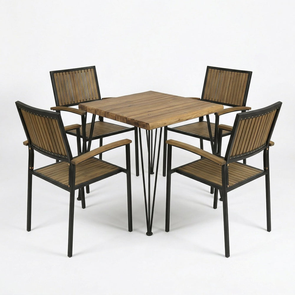 English Elm 5 Piece Outdoor Dining Set Acacia Wood Square Table Seats 4 Modern Patio N762S000028AAE
