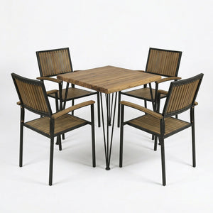 English Elm 5 Piece Outdoor Dining Set Acacia Wood Square Table Seats 4 Modern Patio N762S000028AAE