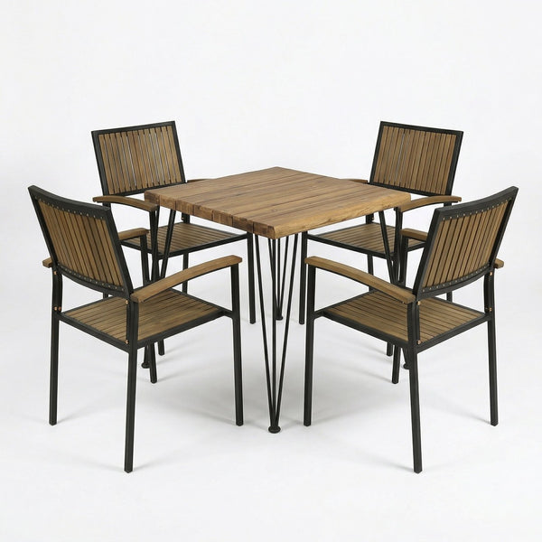 English Elm 5 Piece Outdoor Dining Set Acacia Wood Square Table Seats 4 Modern Patio N762S000028AAE
