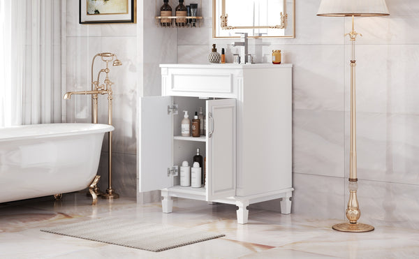 English Elm 24'' Bathroom Vanity with Sink - Solid Wood Frame, Glossy Ceramic Basin, Soft-Close Doors & Ample Storage Elegant Modern Design, Durable MDF Construction, Retro Metal Handles, Compact 24-inch Cabinet White N710P317675K