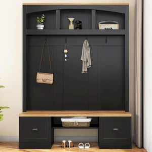 English Elm On-Trend Farmhouse 4-In-1 Hall Tree With Bench, Hooks & Shelves - Rustic Storage For Entryway Spaces N721S000038B-GIGA