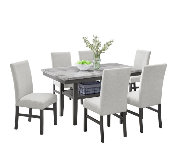 English Elm Luna 7 Piece Rectangular Faux Marble Dining Set Seats Six with Upholstered Chairs B2749S00322