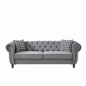 English Elm 87"Chesterfield Velvet Upholstery Sofa with Roll Armrests & Nailhead Trim, 3-Seater Luxurious Midcentury Design Grey W3373S00010