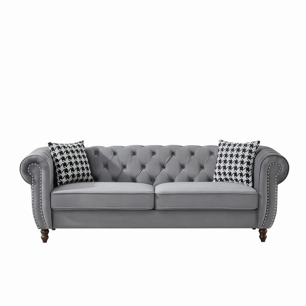 English Elm 87"Chesterfield Velvet Upholstery Sofa with Roll Armrests & Nailhead Trim, 3-Seater Luxurious Midcentury Design Grey W3373S00010