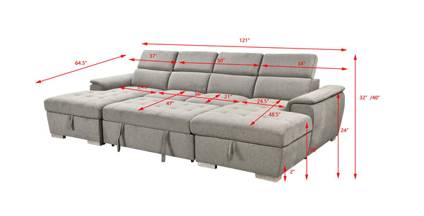 English Elm U U Shaped Sleeper Sofa with Pull-Out Bed and Hidden Chaise Storage, Plush Corduroy Comfort Light Gray W1417S00082