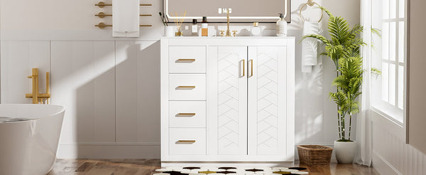 English Elm 36'' Bathroom Vanity with Ceramic Sink Combo, Solid Wood Frame, Soft-Close Drawers and Stylish Retro Groove Design White N710P291684K