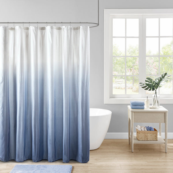 JLA Home Madison Park - Ombre Embossed Seersucker Shower Curtain — Textured Gradient Design, Machine Washable, 72"x72" Blue MP70-6596