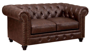 English Elm Contemporary Button-Tufted Loveseat with Nailhead Trim and Rolled Arms in Leatherette, Chic Design Brown 68 L x 30 W x 38 H B2741P322611