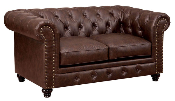 English Elm Contemporary Button-Tufted Loveseat with Nailhead Trim and Rolled Arms in Leatherette, Chic Design Brown 68 L x 30 W x 38 H B2741P322611