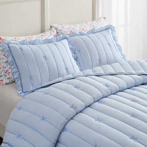 English Elm 3-piece Reversible Microfiber Quilt Set Bow Embroidery Ruffled Trim Romantic Bedroom Blue B035P482883