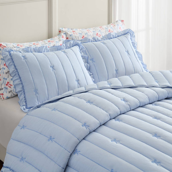 English Elm 3-piece Reversible Microfiber Quilt Set Bow Embroidery Ruffled Trim Romantic Bedroom Blue B035P482883